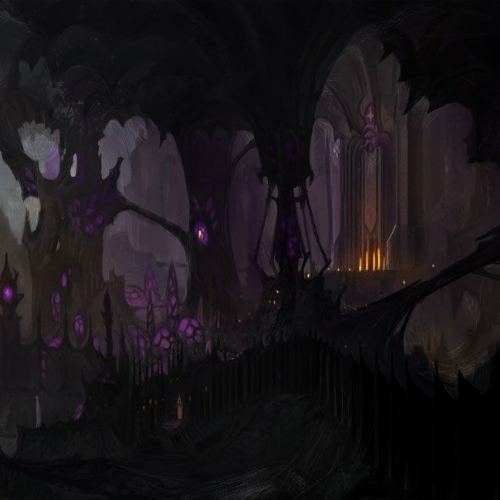 Uma cidade dentro de uma caverna, com muitas teias de aranhas.