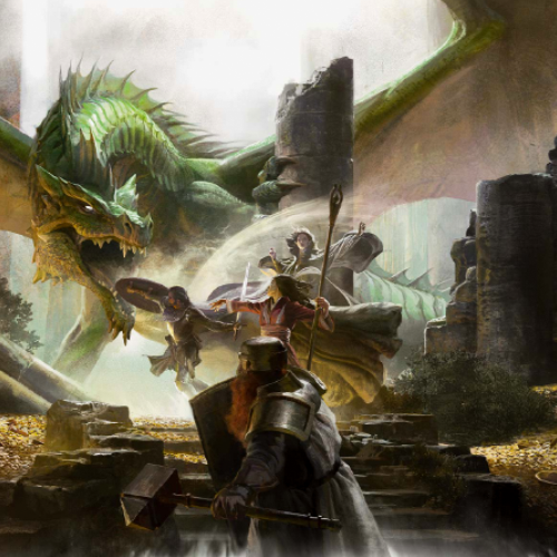 Aventureiros batalhando contra um dragão verde.